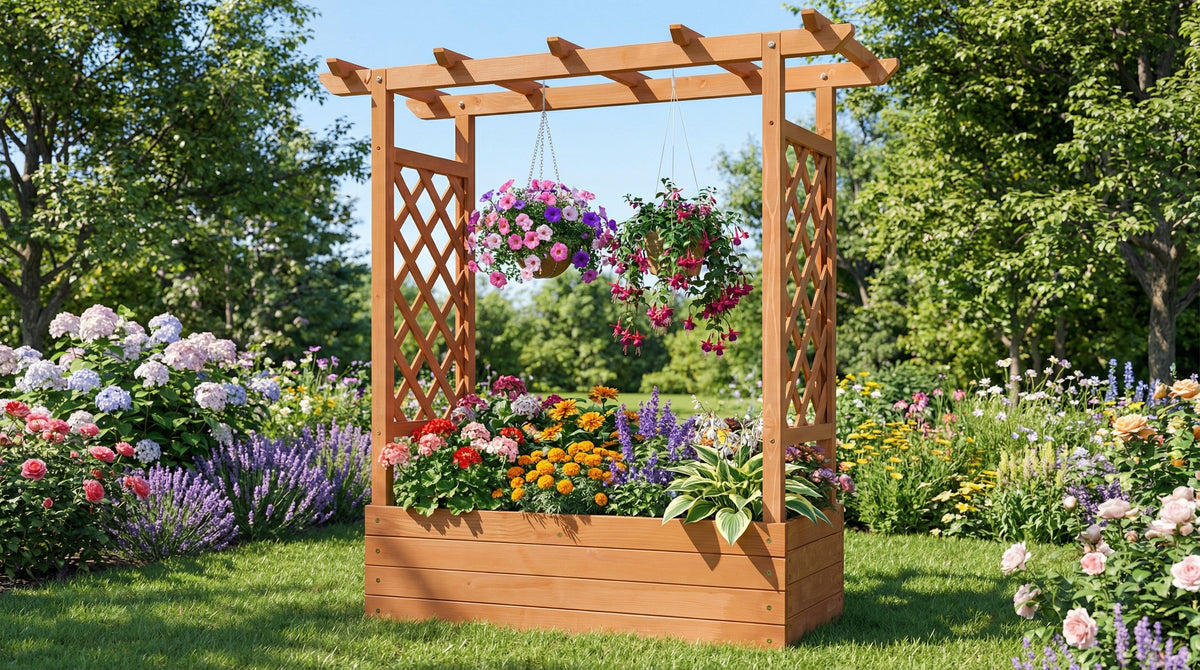 Maceta de madera elevada con celosía alta para plantas trepadoras