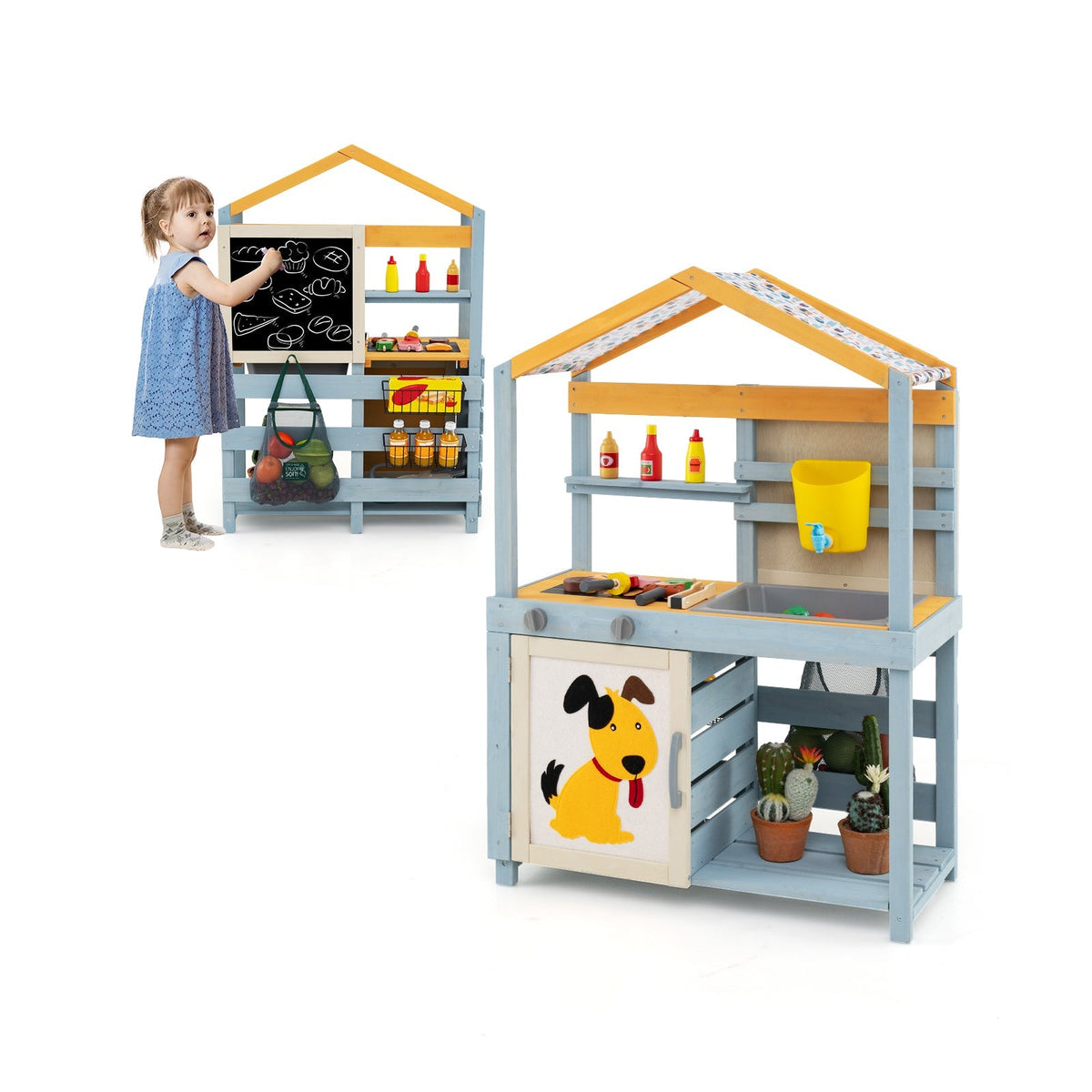 Cocina de Barro de Madera 2 en 1 con Caja de Agua Extraíble y Bolsa de Almacenamiento - Gris
