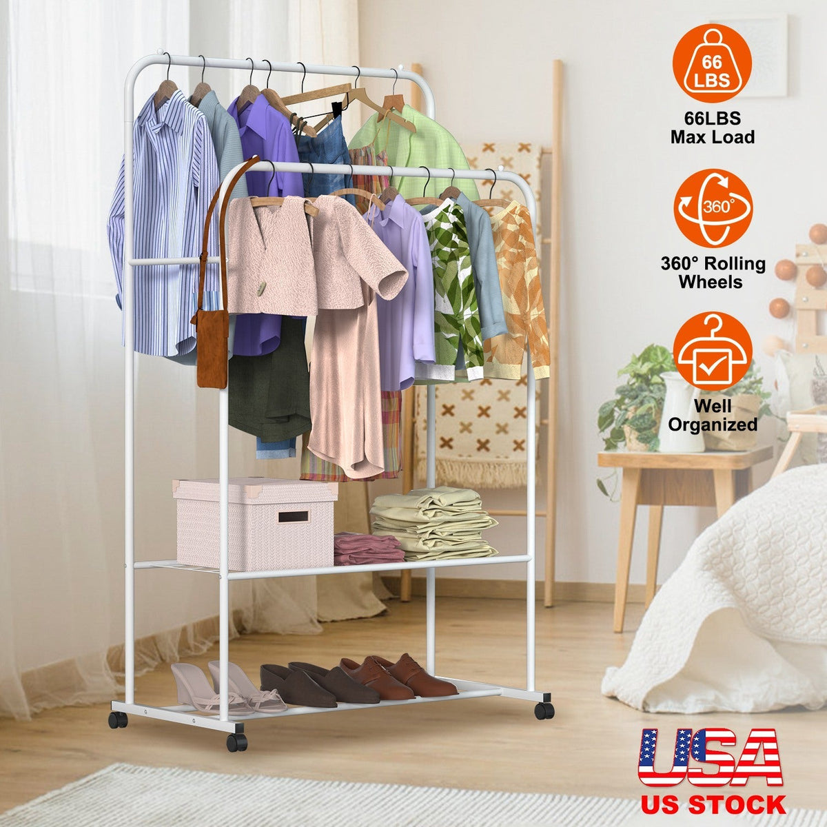 Garment Hanging Rack Clothing Hanging Rail Pillow Shoe Display Organizer Stand Rolling Wheel Clothes Organizer