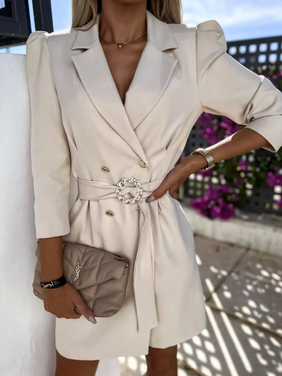 3/4 Sleeve Belted Blazer Dress