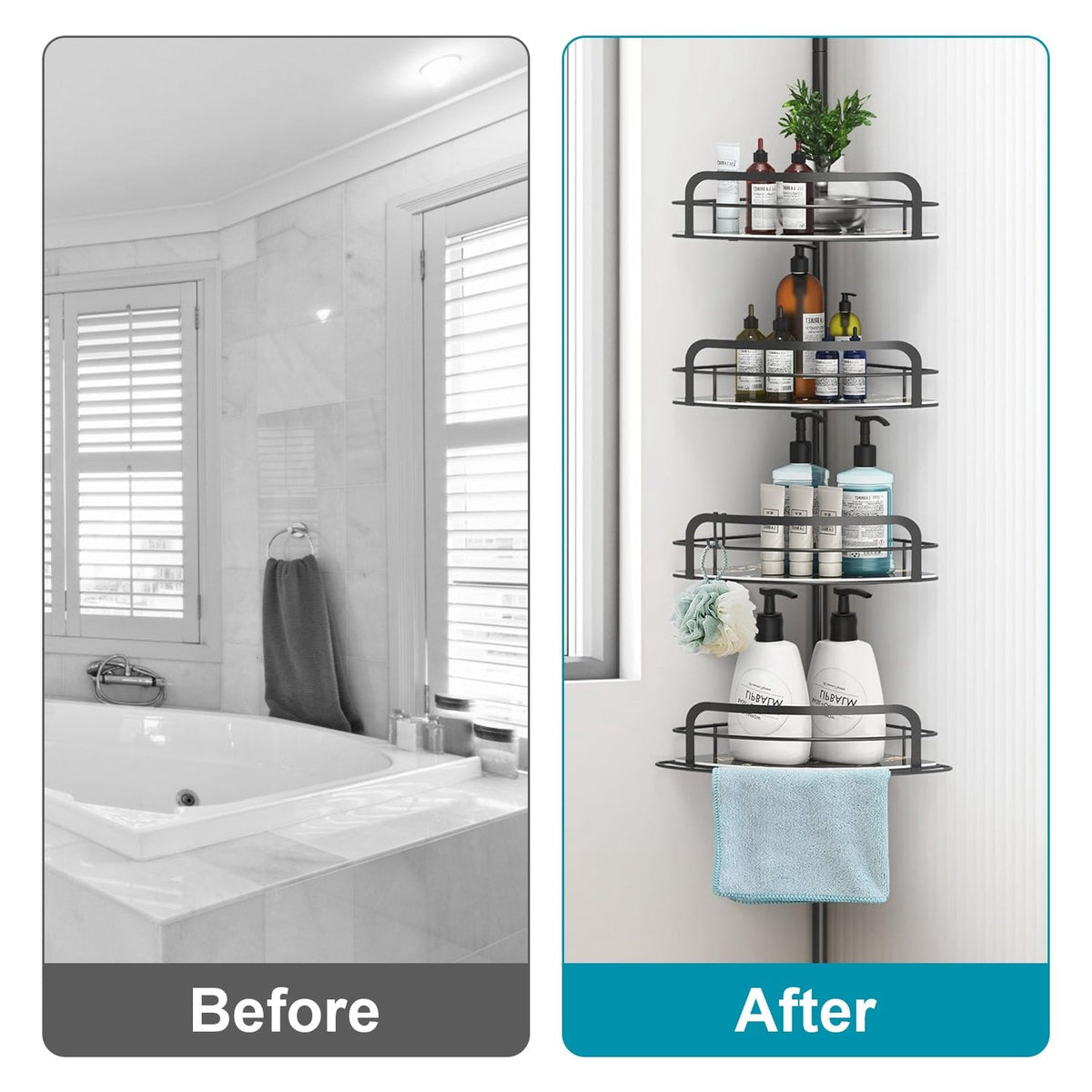 Rust-Resistant Corner Shower Caddy For Bathroom 4 Height Adjustable Shelves With Tension Pole Towel Bar Hanging Hook Floor Standing Bath Storage Rack