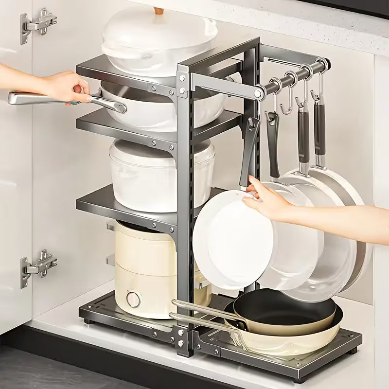 5-Tier Adjustable Carbon Steel Pot and Utensil Storage Rack with Hooks