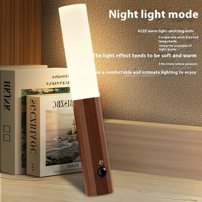 Wood Grain Magnetic Motion Sensor Night Light – Rechargeable LED Wall Lamp, 180° Rotating Base for Bedroom, Hallway & Closet