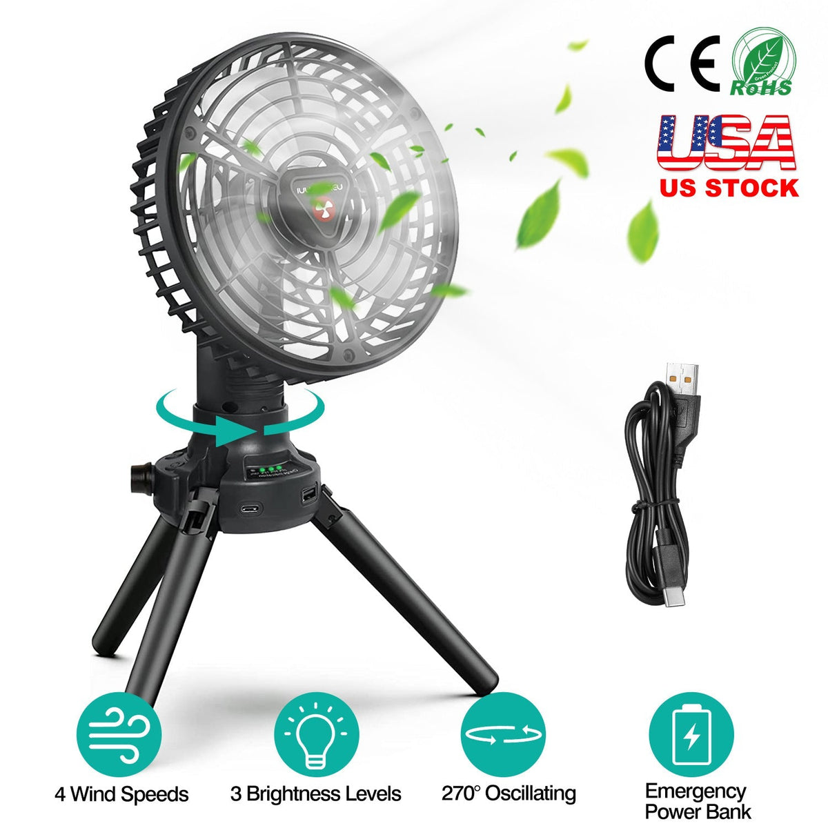 Foldable Camping Fan with Emergency Power Bank 270¡ Oscillating Rechargeable Tripod Fan for Hiking Fishing Personal Desk Fan with 4 Speeds 3 Brightnes