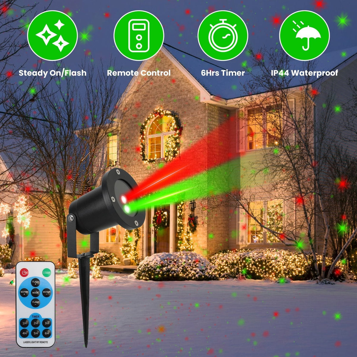 Outdoor Laser Projector Light Red and Green Projection Light with 3 Modes 12 Speeds 6Hrs Timer IP44 Waterproof Firefly Landscape Light for Christmas H