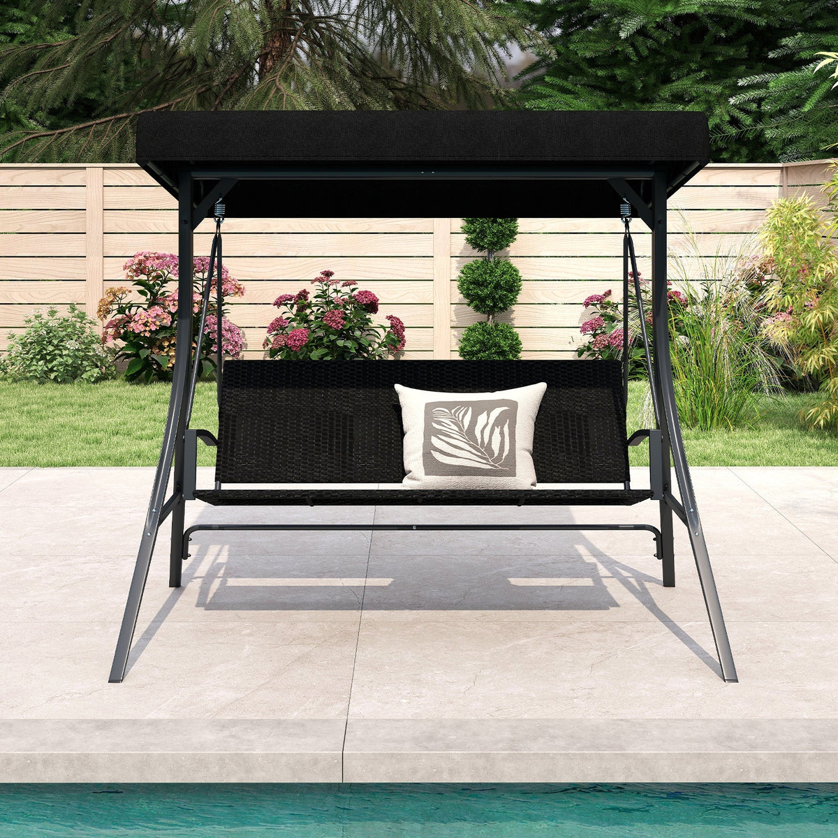 3-Person Porch Swing with Stand Outdoor Canopy Swing with Rattan Seat Back-Black