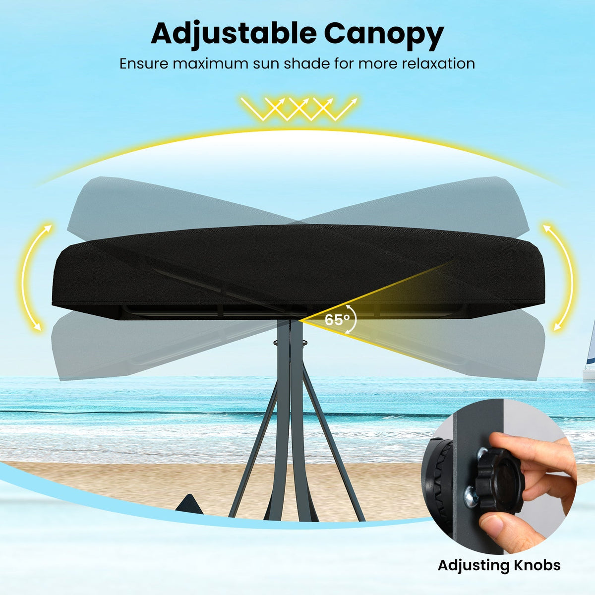 3-Person Porch Swing with Stand Outdoor Canopy Swing with Rattan Seat Back-Black