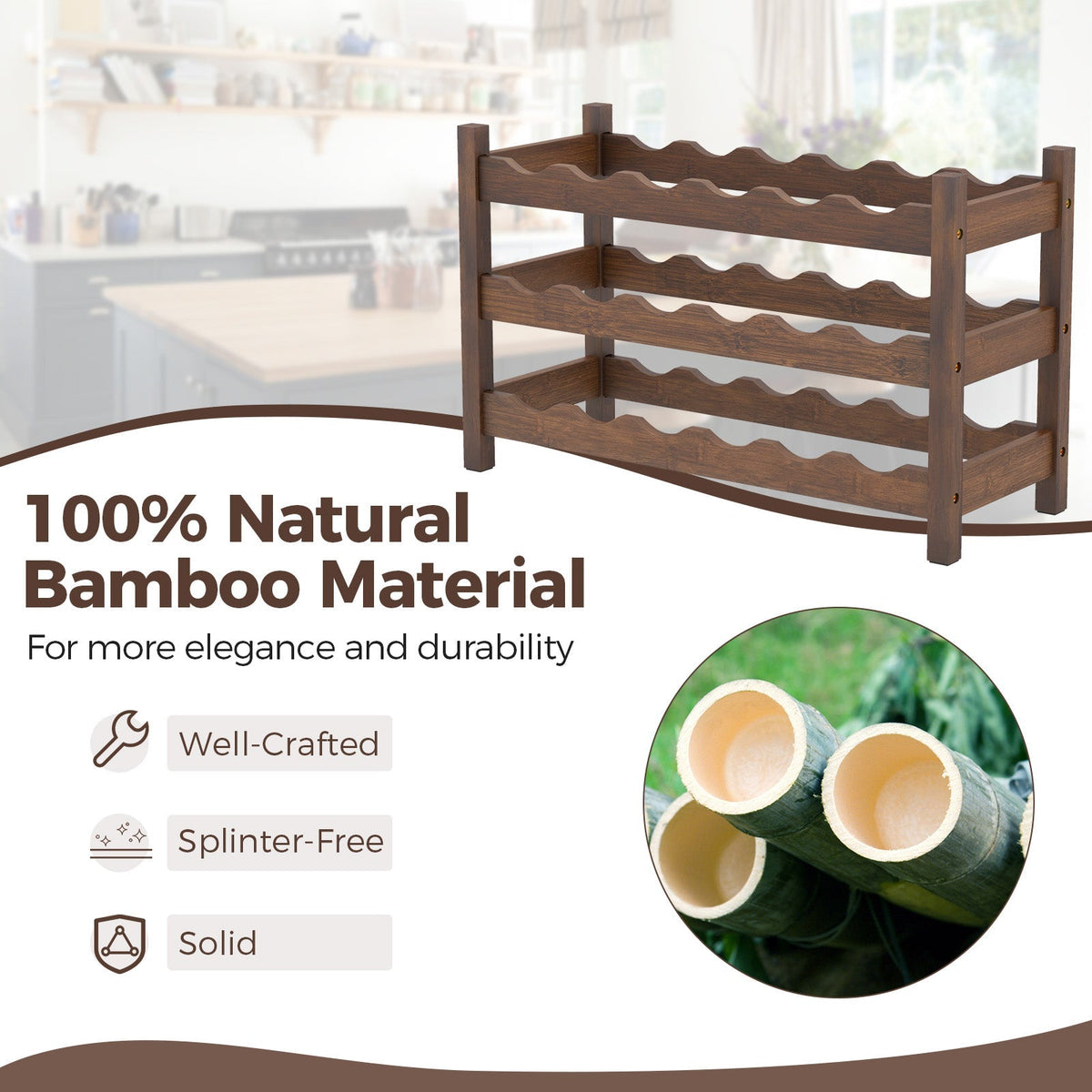 3-Tier Bamboo Freestanding Countertop Wine Bottle Organizer