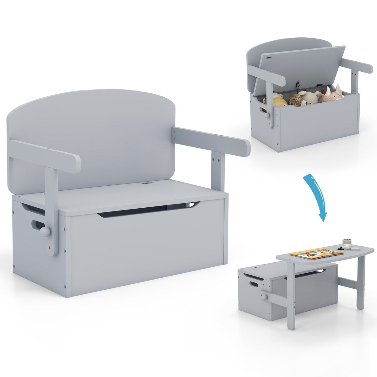 3-in-1 Kids Convertible Storage Bench Wood Activity Table and Chair Set