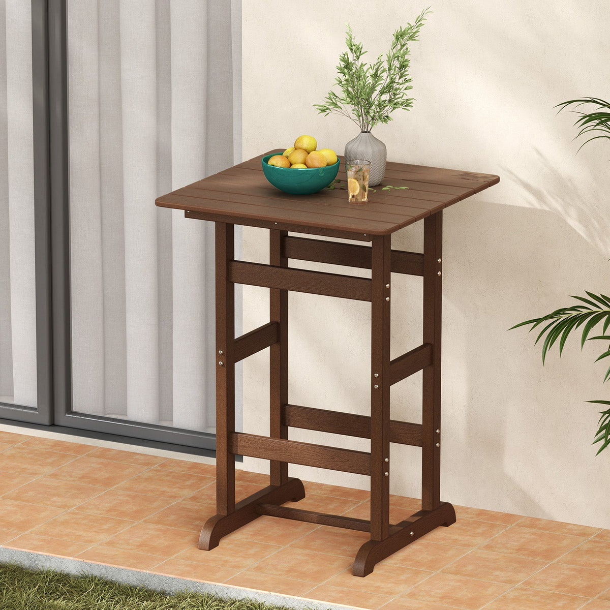 30 Inch Square Bar Table Dining Table with Slatted Tabletop for Poolside