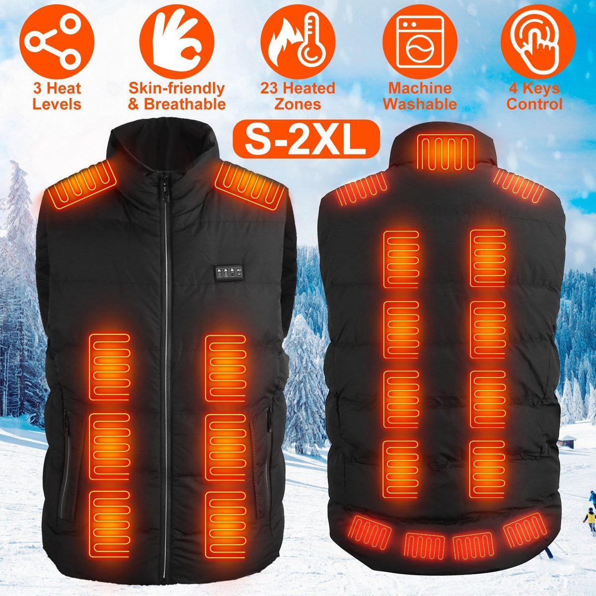 Heated Vest Men Women Heated Jacket with 23 Heating Zones 3 Heat Levels USB Powered Machine Washable for Winter Hiking Skiing Skating Outdoor Activiti