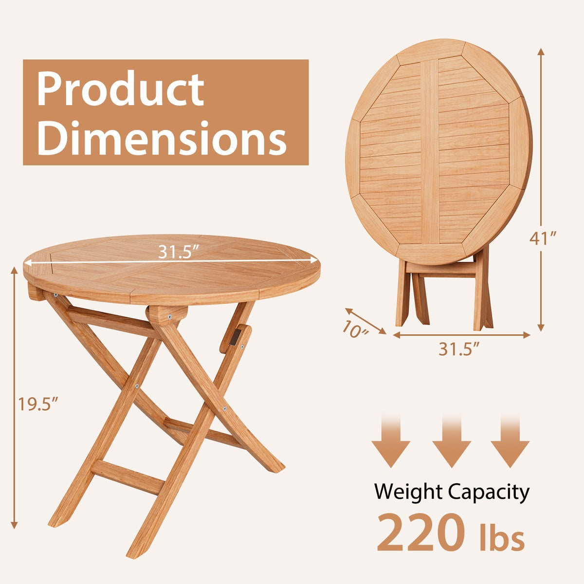 31.5 Inch Folding Patio Indonesia Teak Wood Round Coffee Table