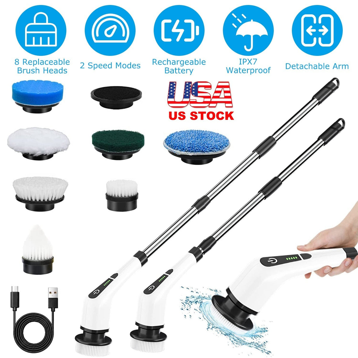 Electric Spin Scrubber Cordless Rechargeable Telescopic Cleaning Brush 8 Replaceable Heads 2 Speed Adjustable Extension Arm Bathroom Tub Tile Floor