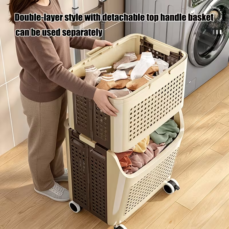 Collapsible Double-Layer Plastic Laundry Basket with Wheels
