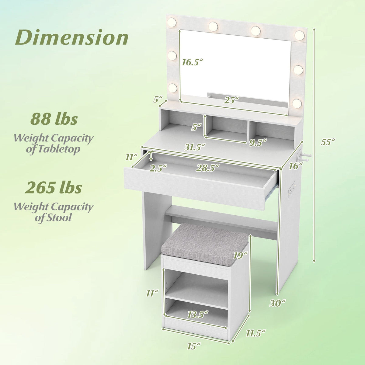 Vanity Table Set with Lighted Mirror and Cushion Stool