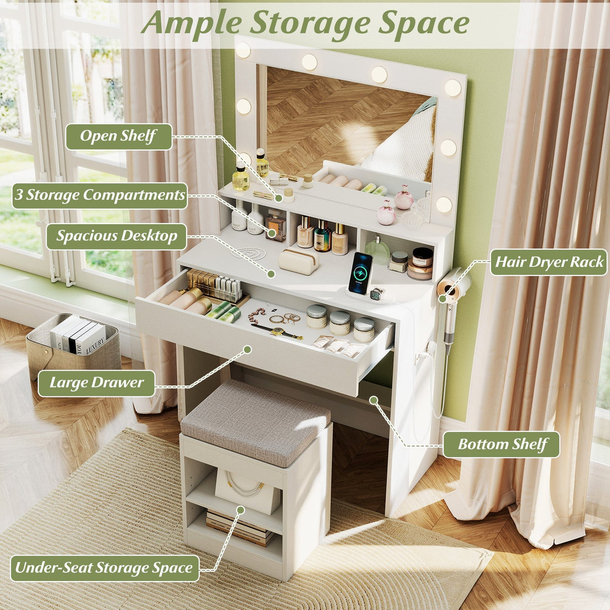 Vanity Table Set with Lighted Mirror and Cushion Stool