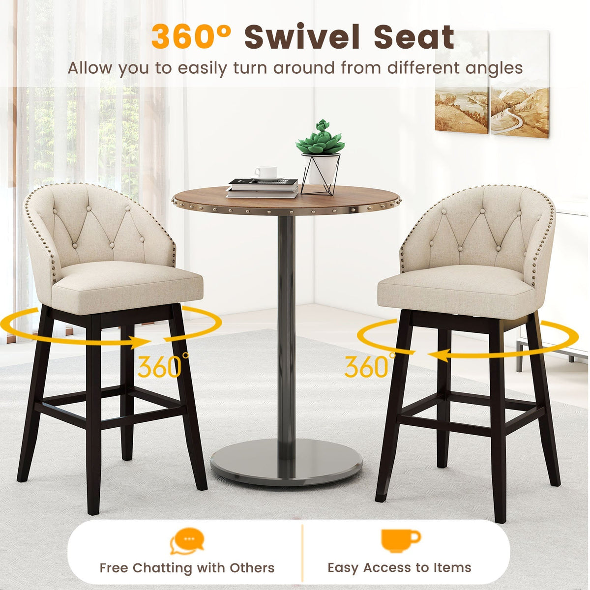 31 Inch Bar Stools Set of 4 Padded Bar Height Chairs with Rubber Wood Frame Swivel Seat-Beige