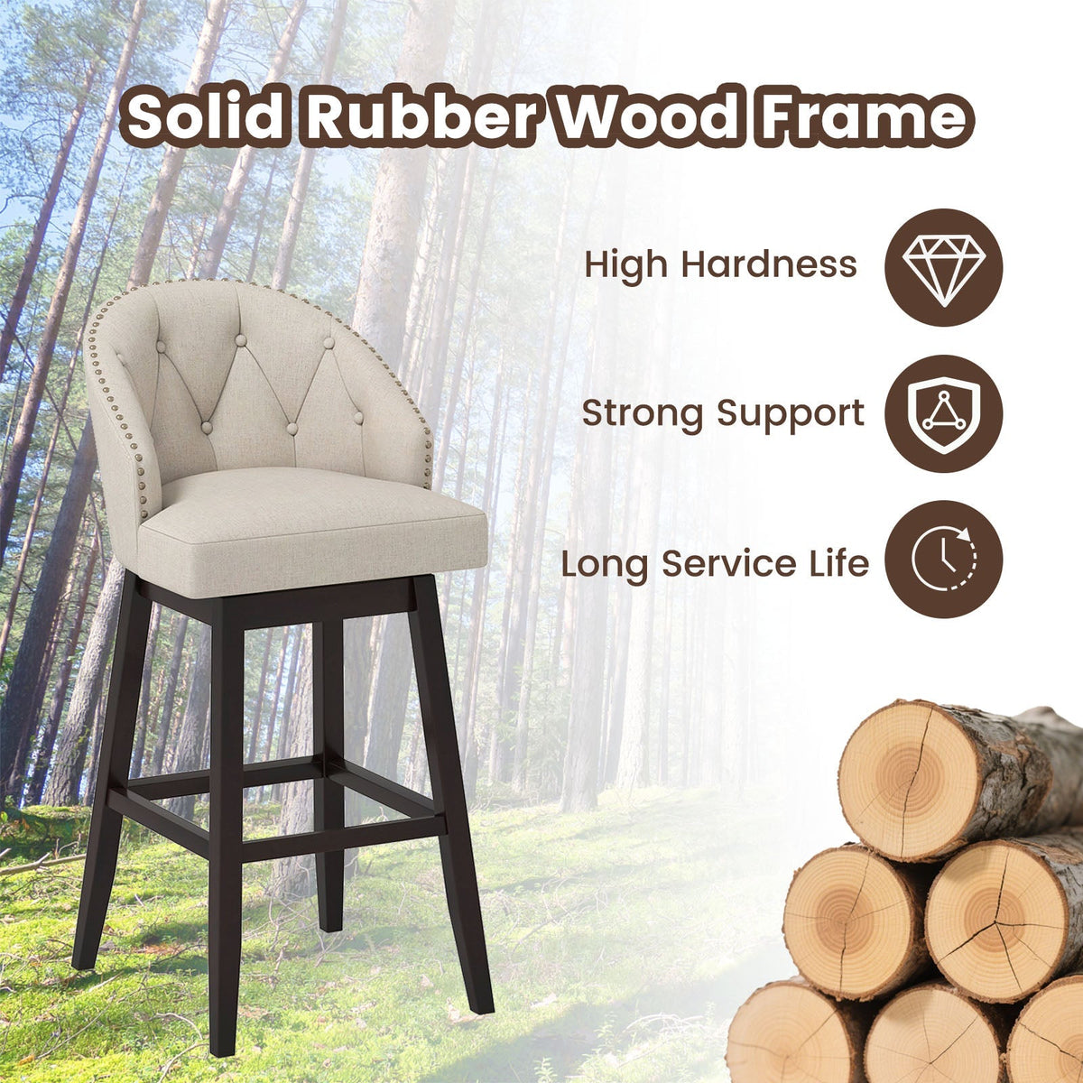 31 Inch Bar Stools Set of 4 Padded Bar Height Chairs with Rubber Wood Frame Swivel Seat-Beige