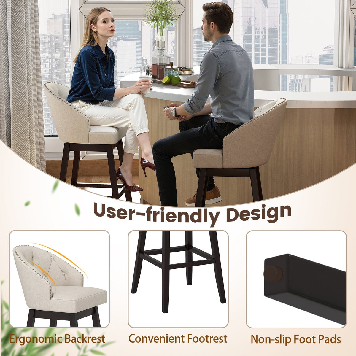 31 Inch Bar Stools Set of 4 Padded Bar Height Chairs with Rubber Wood Frame Swivel Seat-Beige
