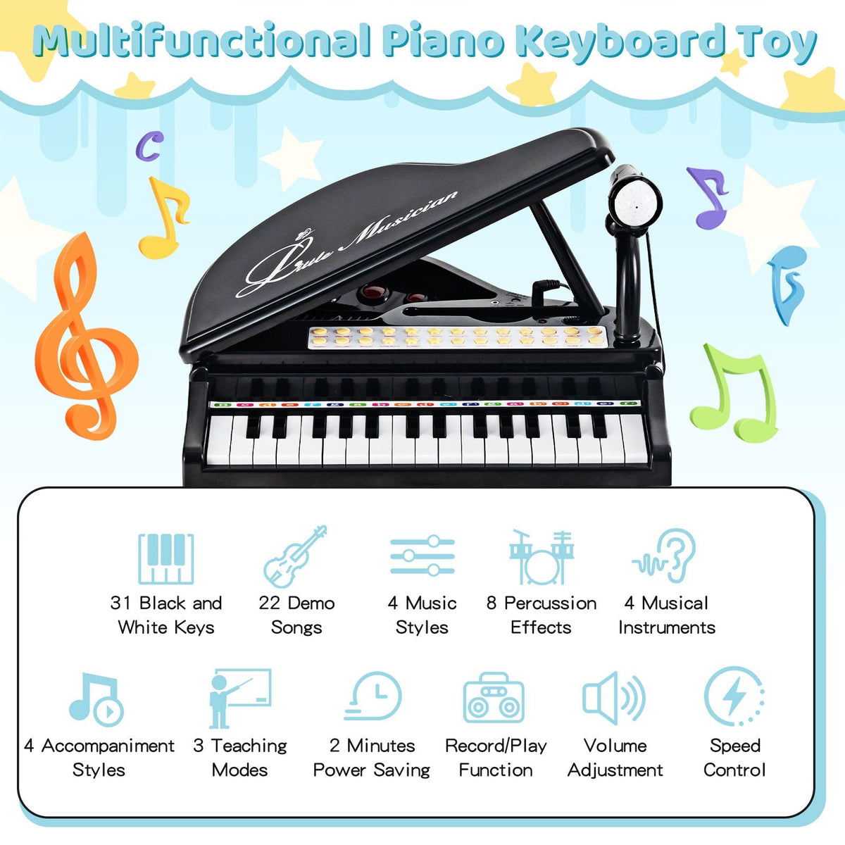 Teclado de piano para niños de 31 teclas con taburete y tapa de piano