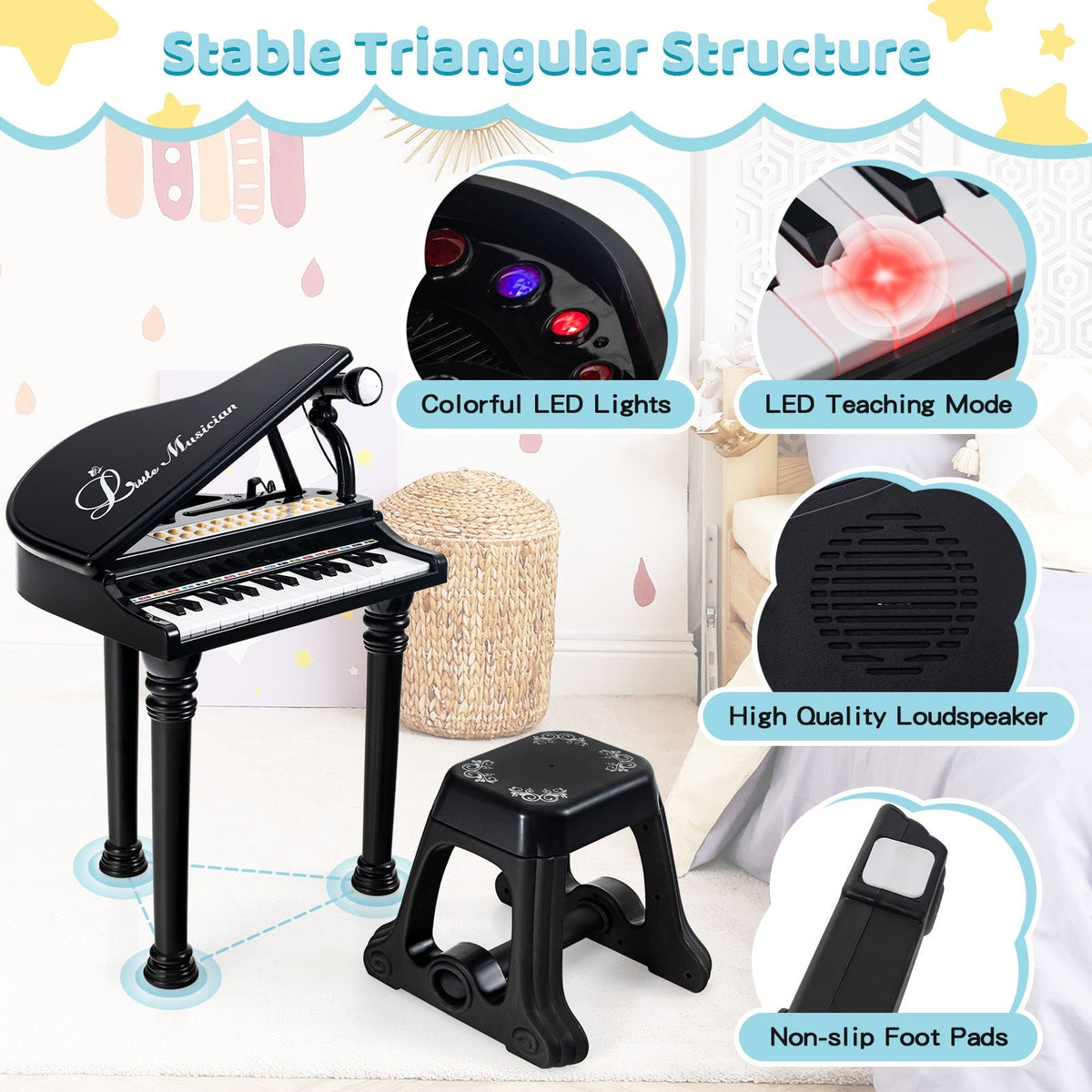 Teclado de piano para niños de 31 teclas con taburete y tapa de piano