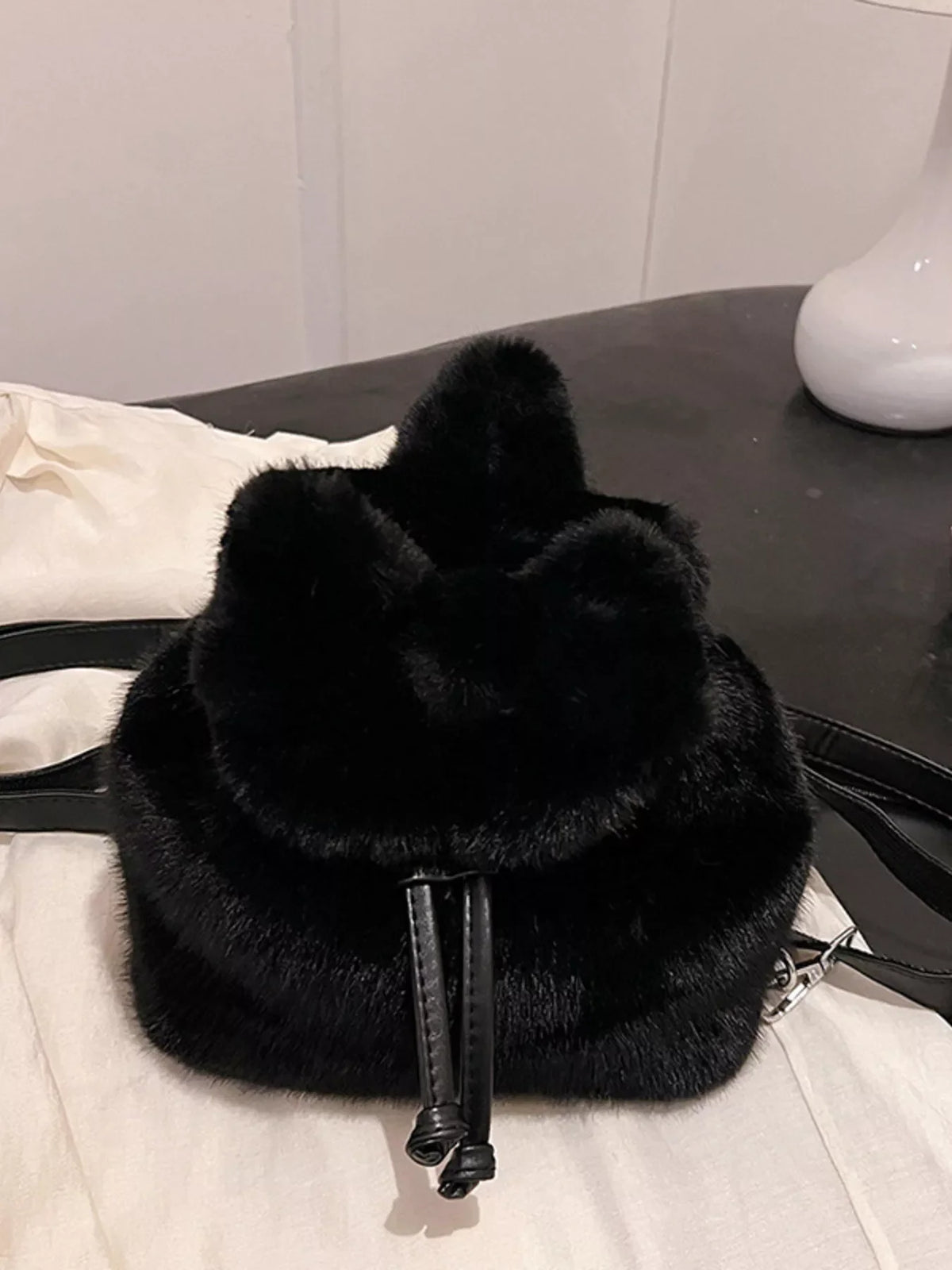 Fuzzy Plush Drawstring Backpack Bag