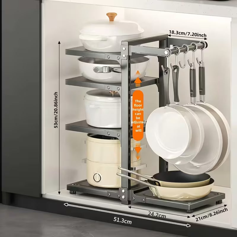 5-Tier Adjustable Carbon Steel Pot and Utensil Storage Rack with Hooks