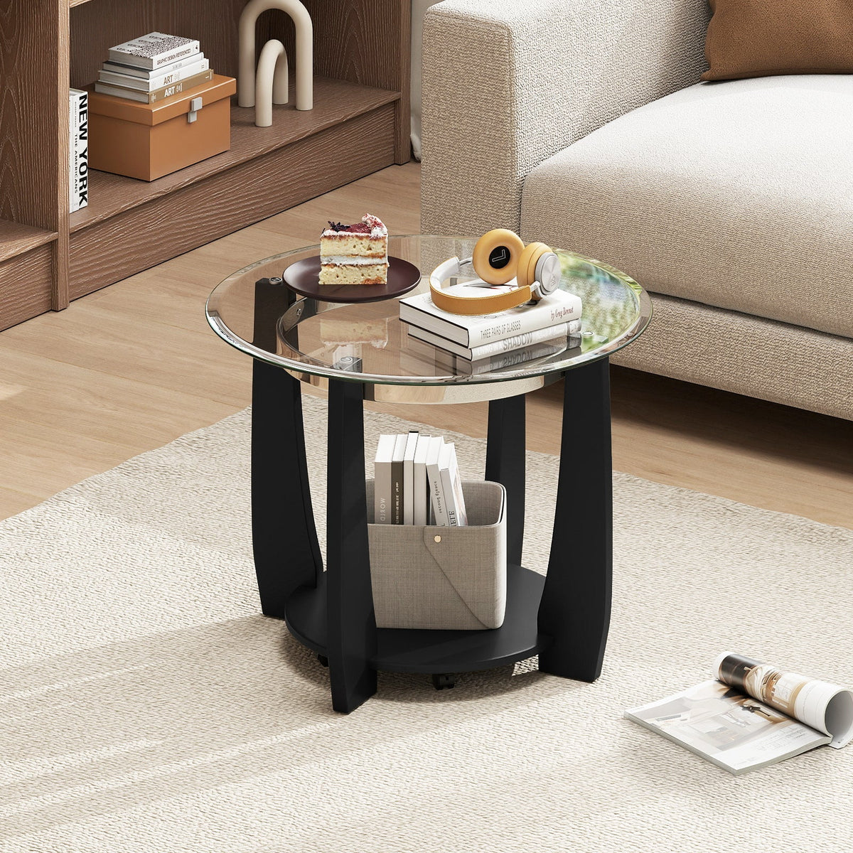 32" 2-Tier Glass Round Coffee Table with Storage Shelf