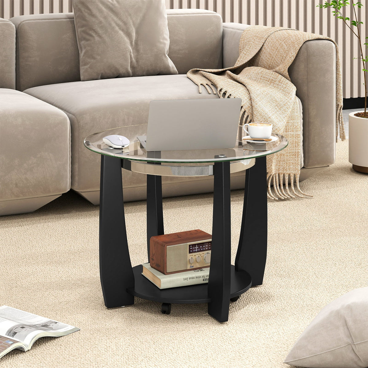 32" 2-Tier Glass Round Coffee Table with Storage Shelf