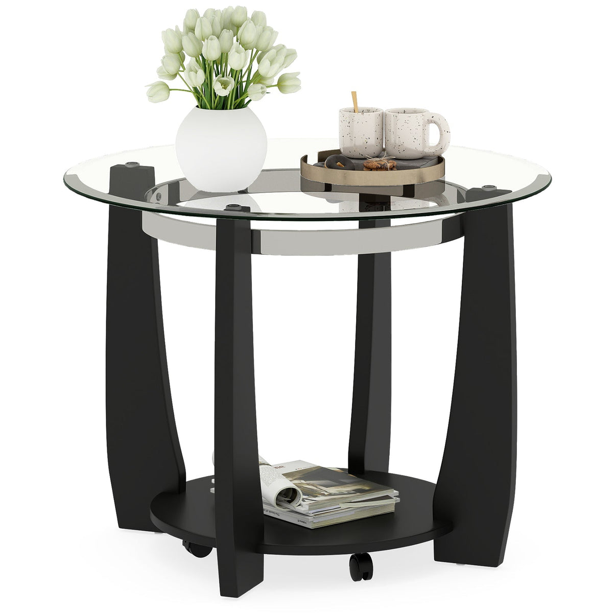 32" 2-Tier Glass Round Coffee Table with Storage Shelf