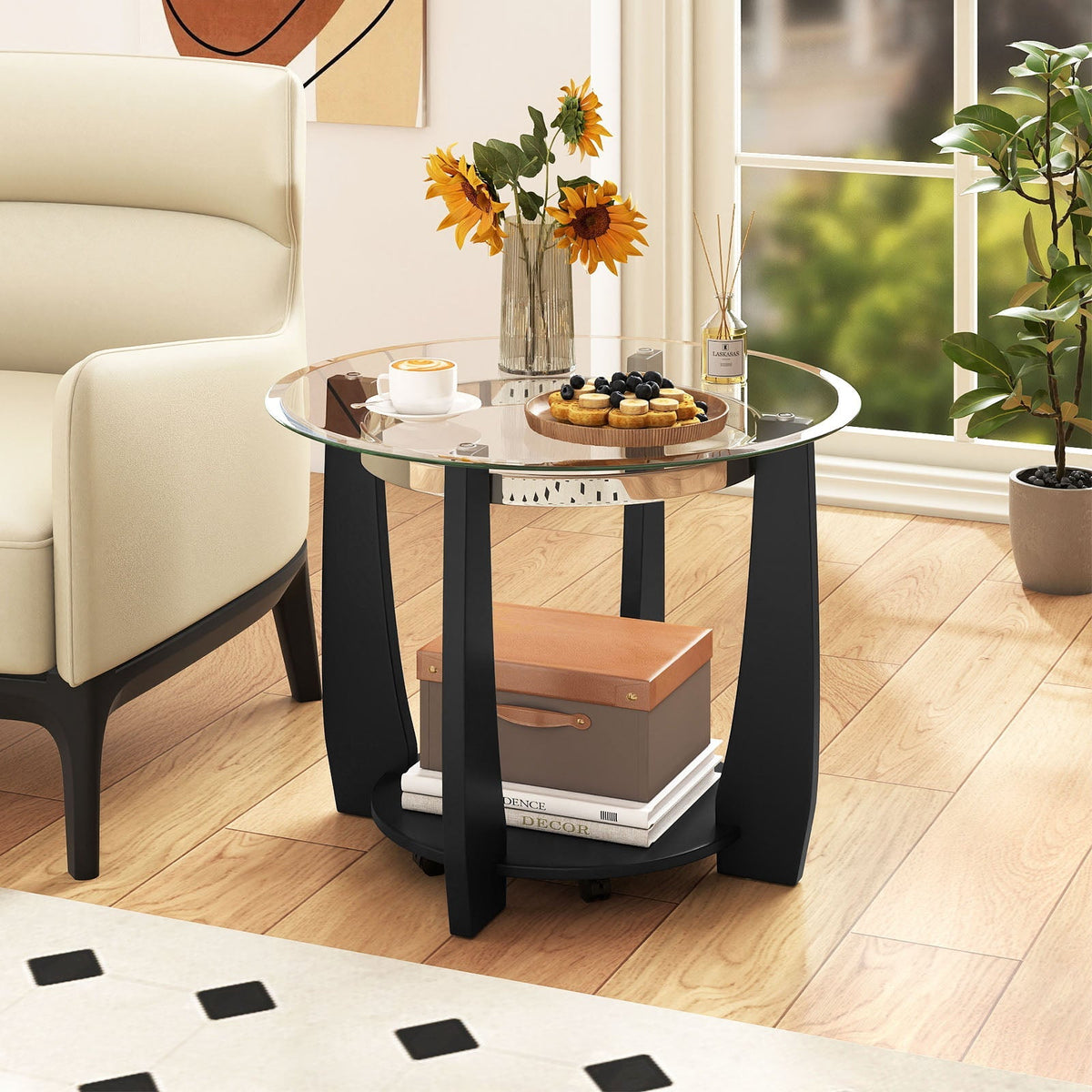 32" 2-Tier Glass Round Coffee Table with Storage Shelf