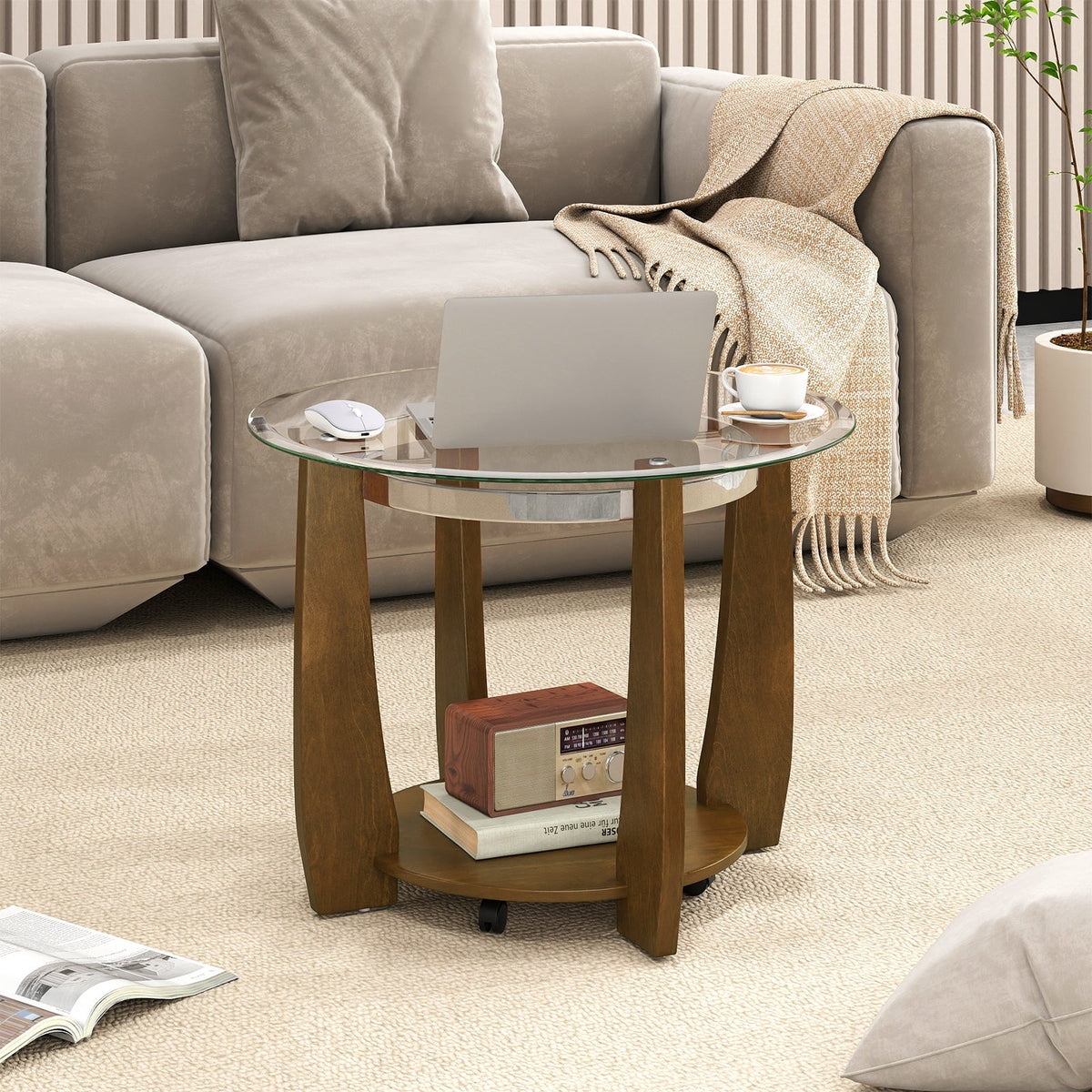 32" 2-Tier Glass Round Coffee Table with Storage Shelf