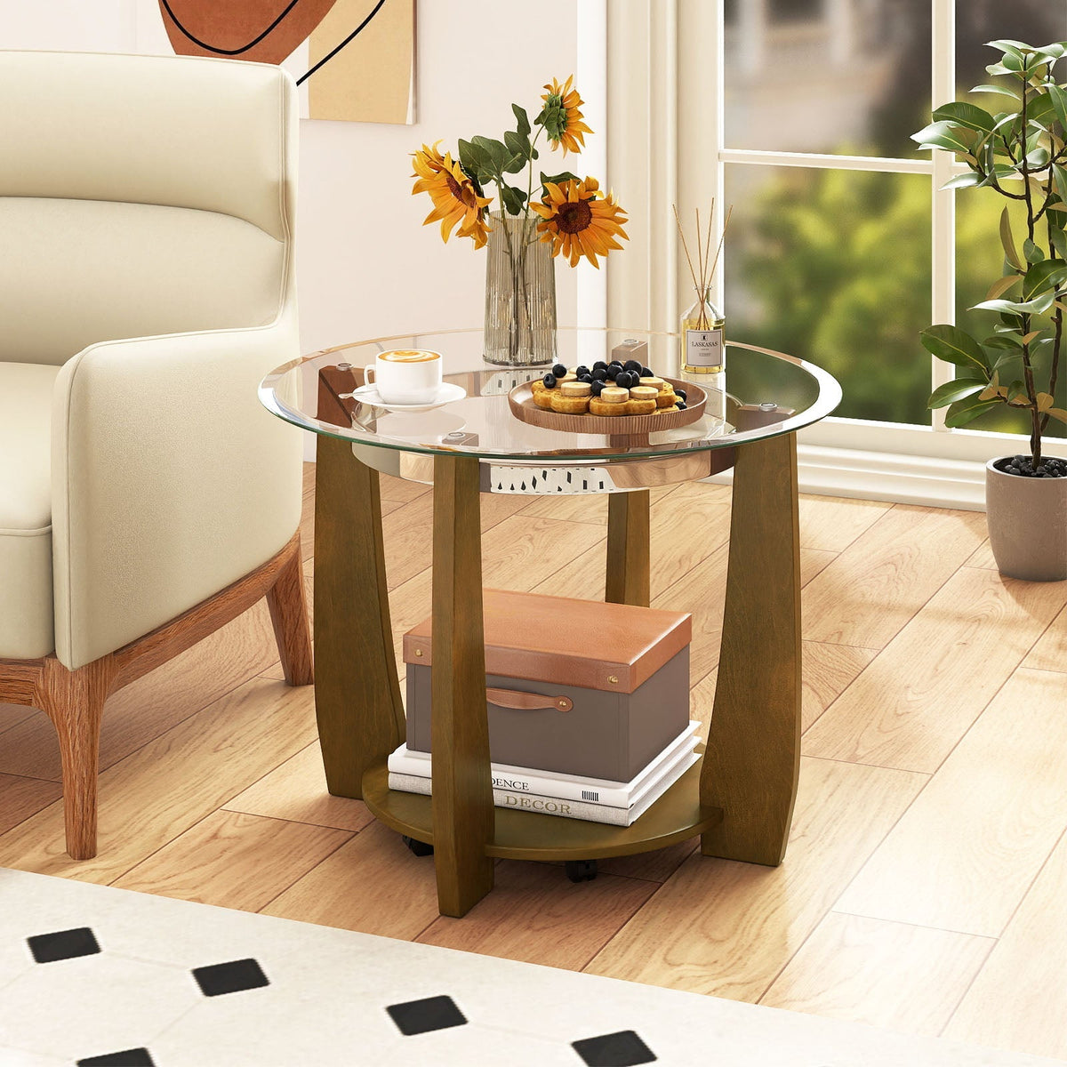 32" 2-Tier Glass Round Coffee Table with Storage Shelf