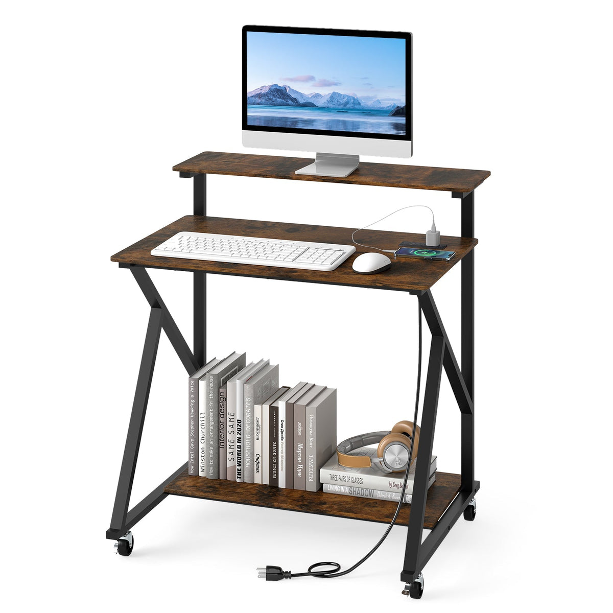 32 Inch Rolling Computer Desk for Small Spaces with Power Outlets