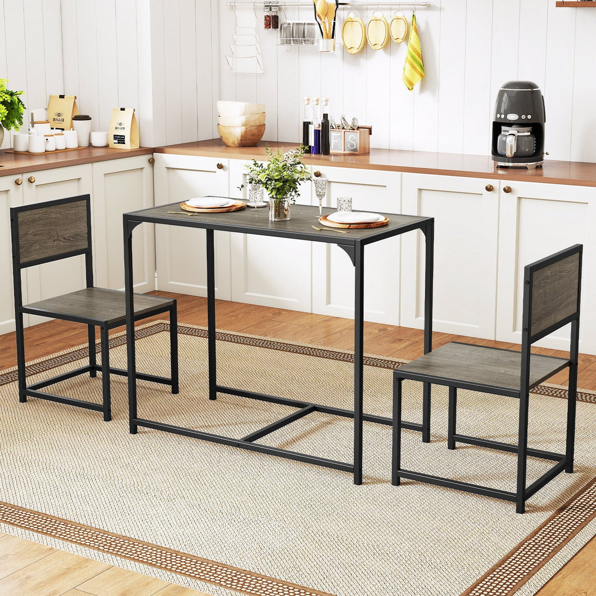 3 Pcs Dining Set Compact Table and 2 Chair with Metal Frame for for Small Space