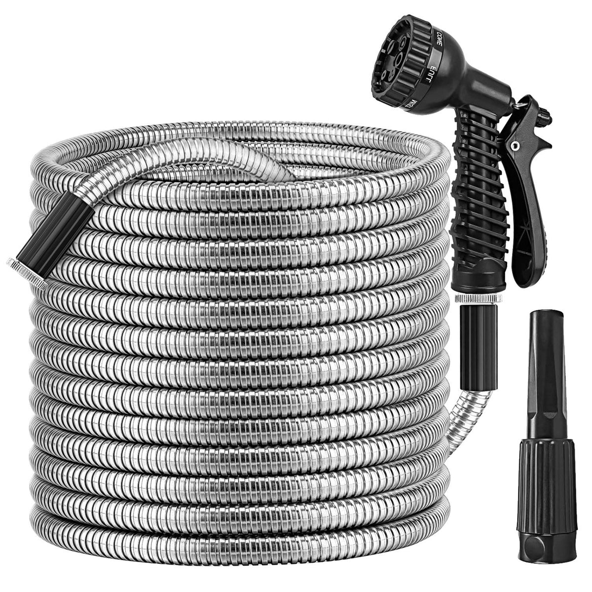 25FT/50FT/100FT Heavy Duty Stainless Steel Garden Hose Garden Watering Kit Metal Water Hose with 2 Nozzles 12 Patterns Flexible Extendable Kink Tangle
