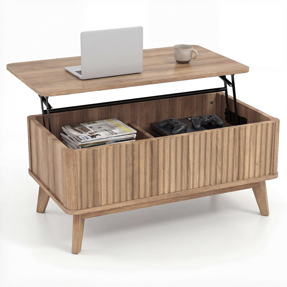 35.5" Rectangle Wooden Fluted Lift Top Coffee Table-Walnut