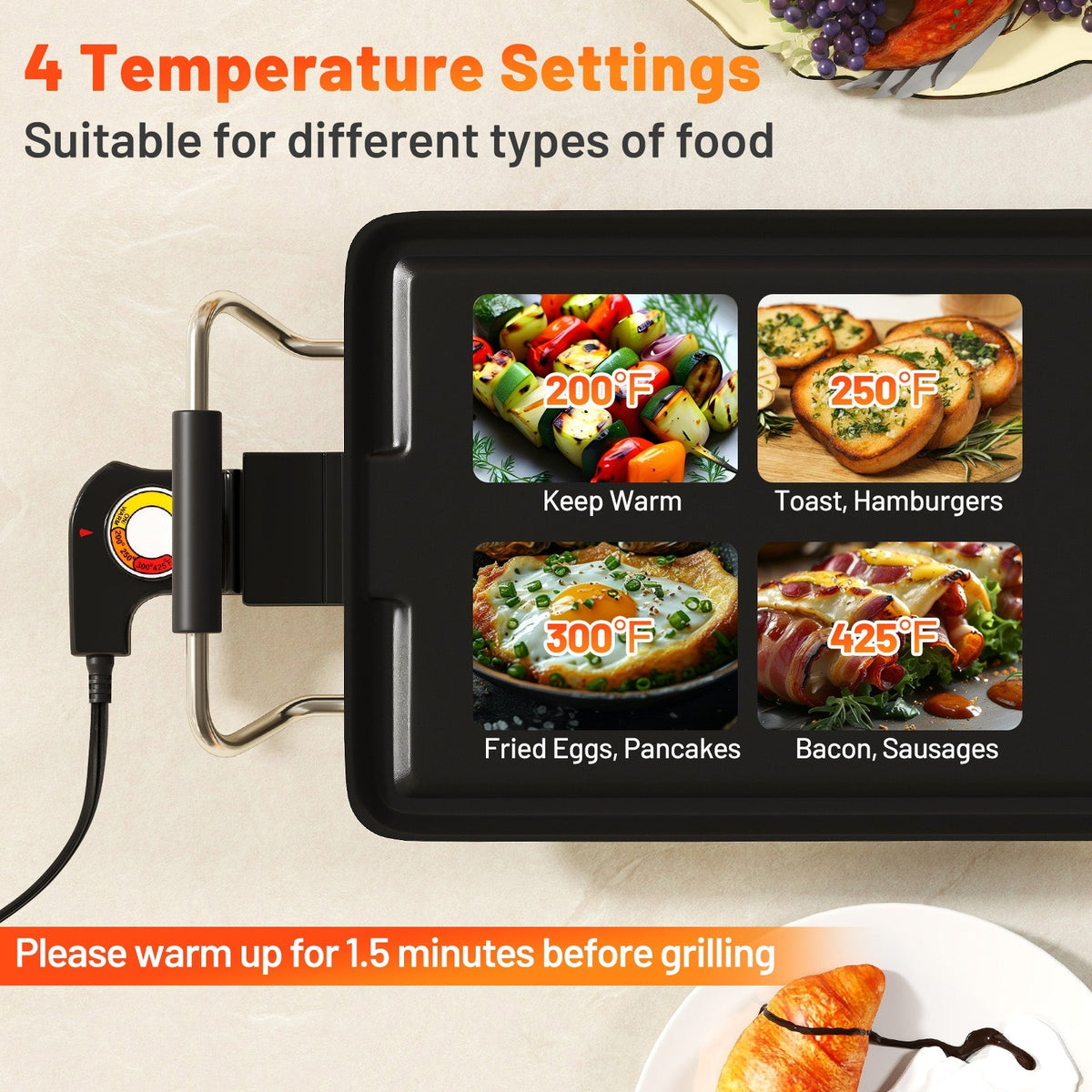 35 Inch Extra Large Electric Griddle with Adjustable Temperature Thermostats and Drip Tray