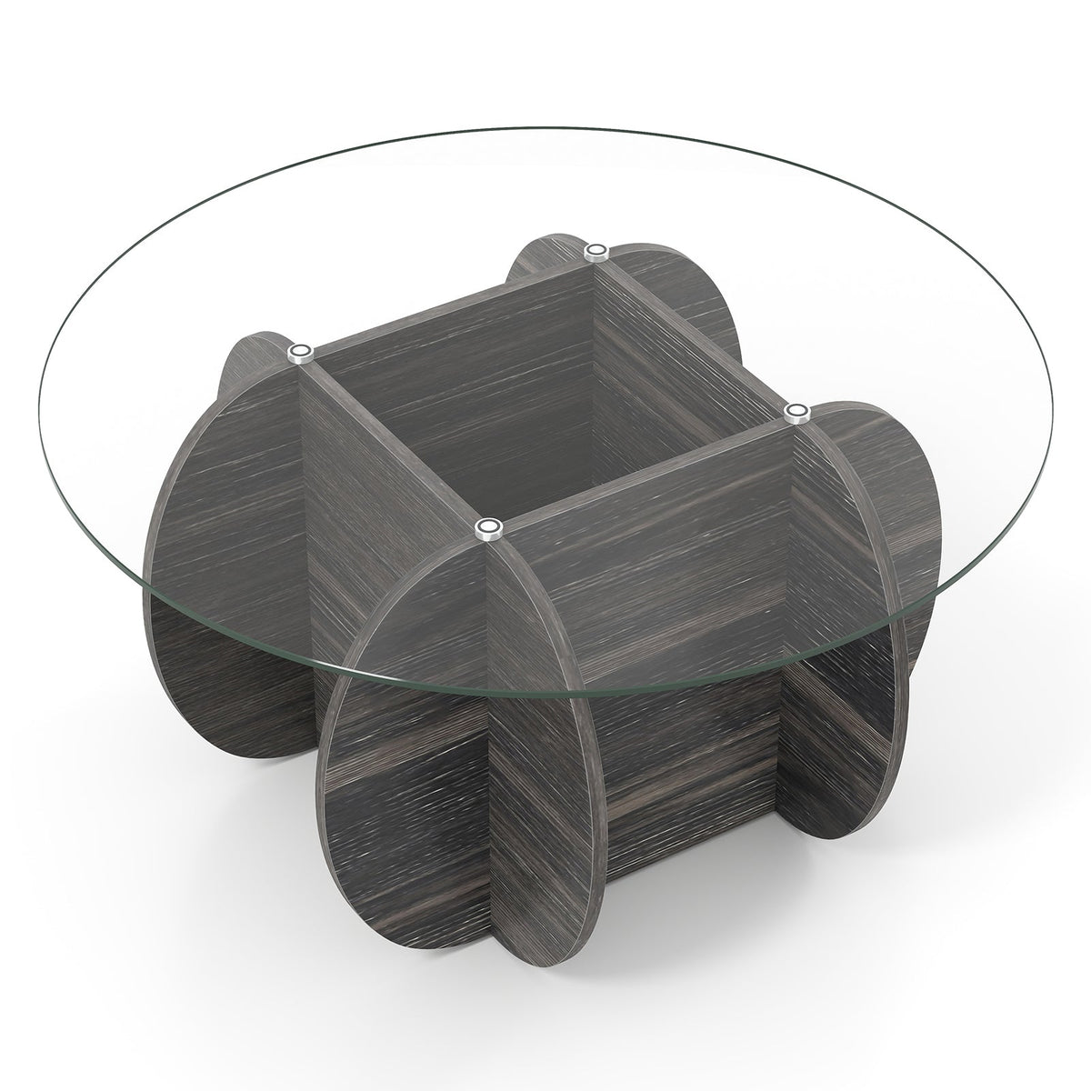 35" Round Coffee Table Unique Circle Center Table with Tempered Glass Top and Solid Wood Base-Black