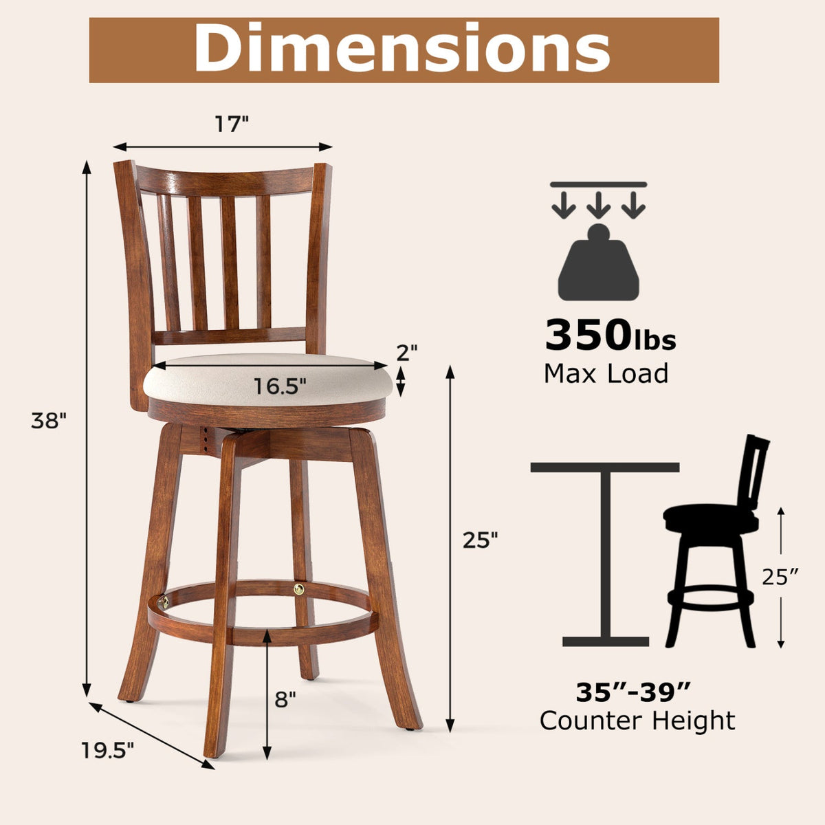 360¬∞ Rotating Counter Height Chairs Set of 4 with Backrest and Upholstered Seat