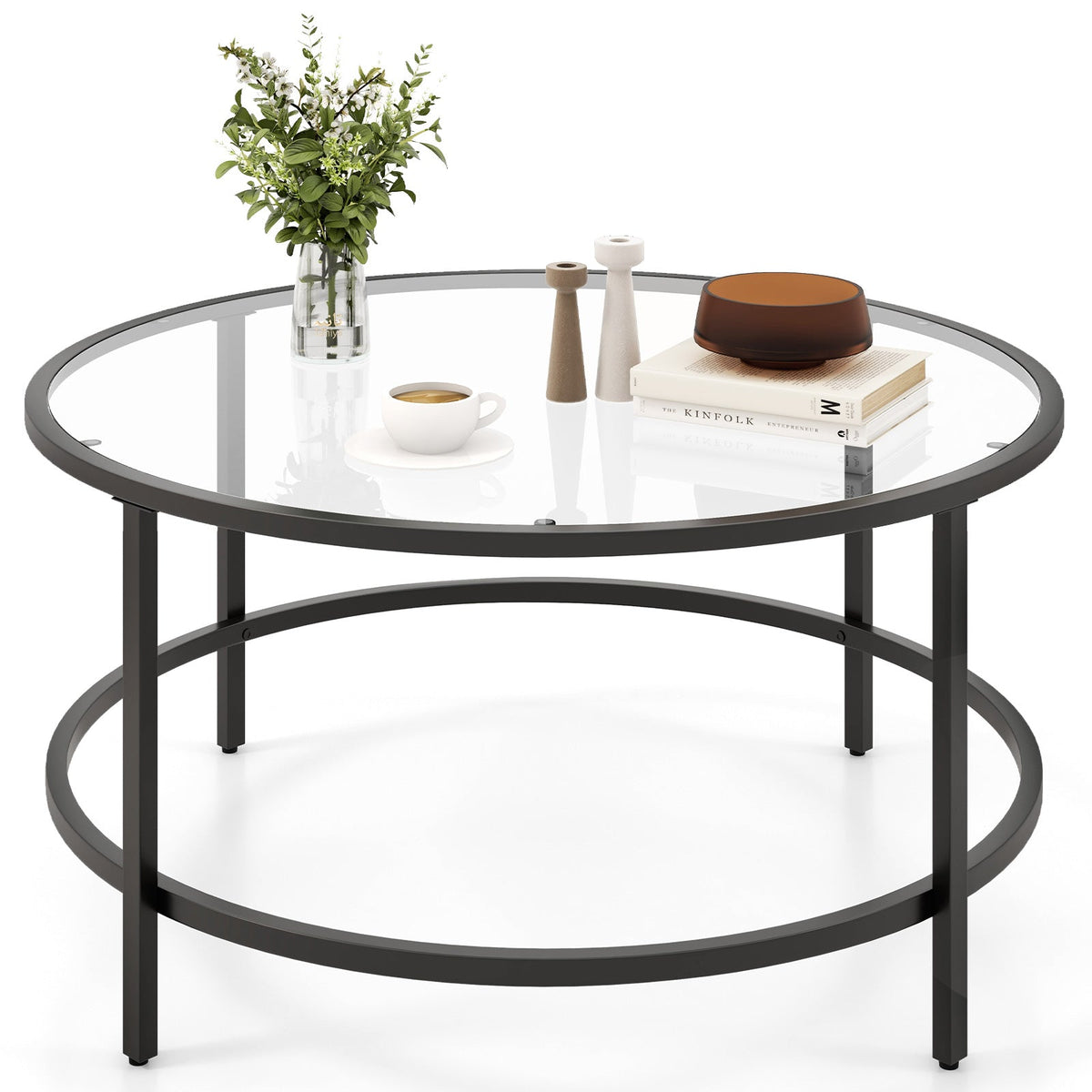 36 Inch Round Coffee Table with Tempered Glass Tabletop