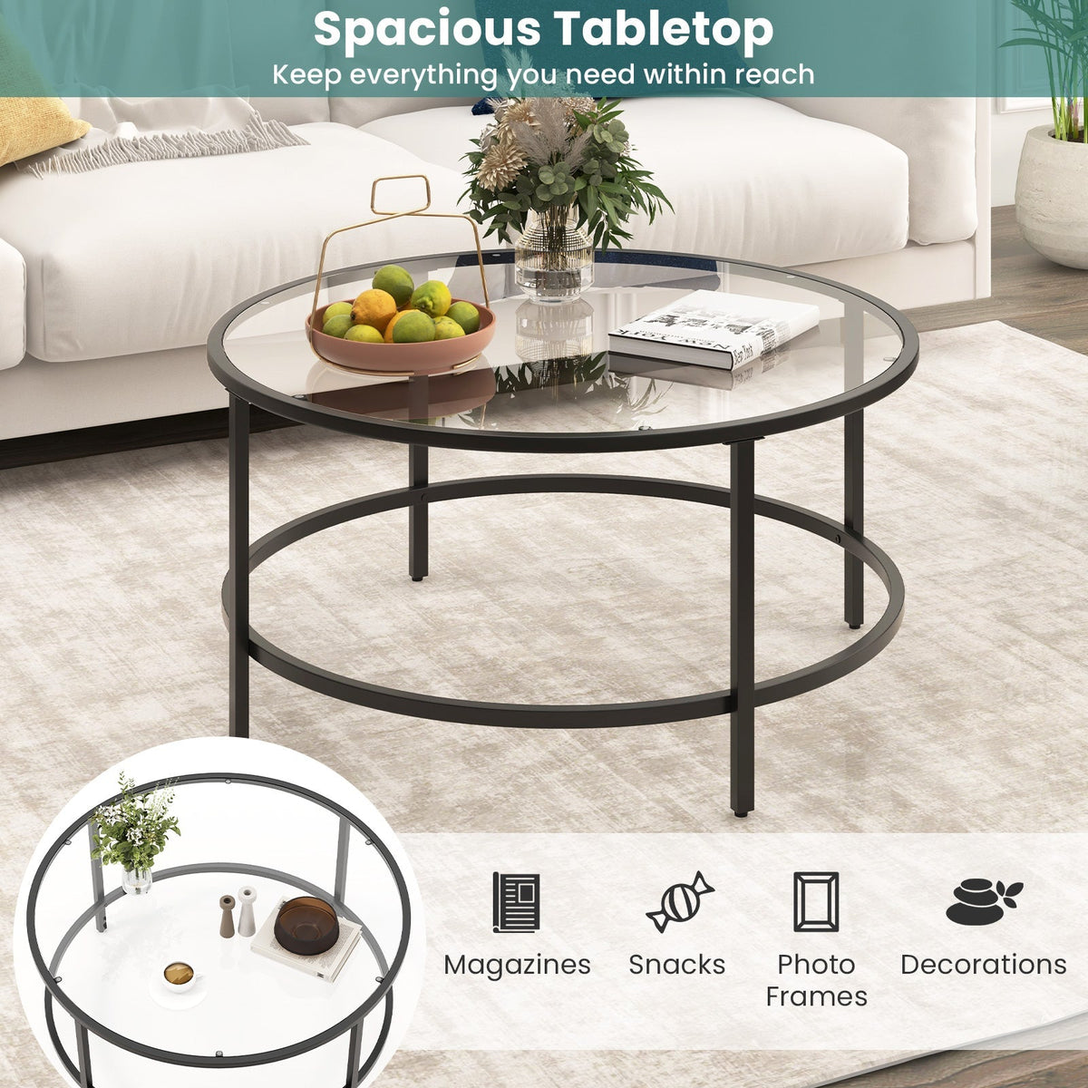 36 Inch Round Coffee Table with Tempered Glass Tabletop