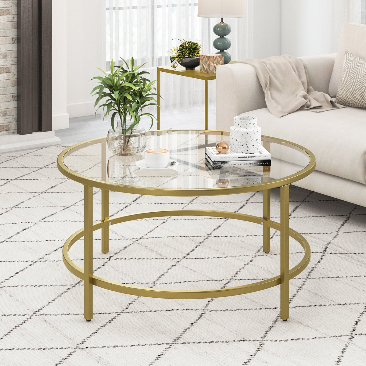 36 Inch Round Coffee Table with Tempered Glass Tabletop