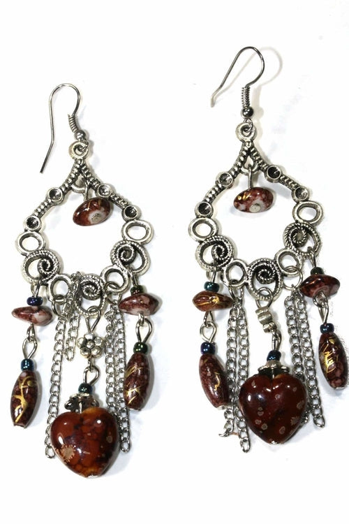 Marbled Bead Dangle Earrings Scroll Work Boho Floral