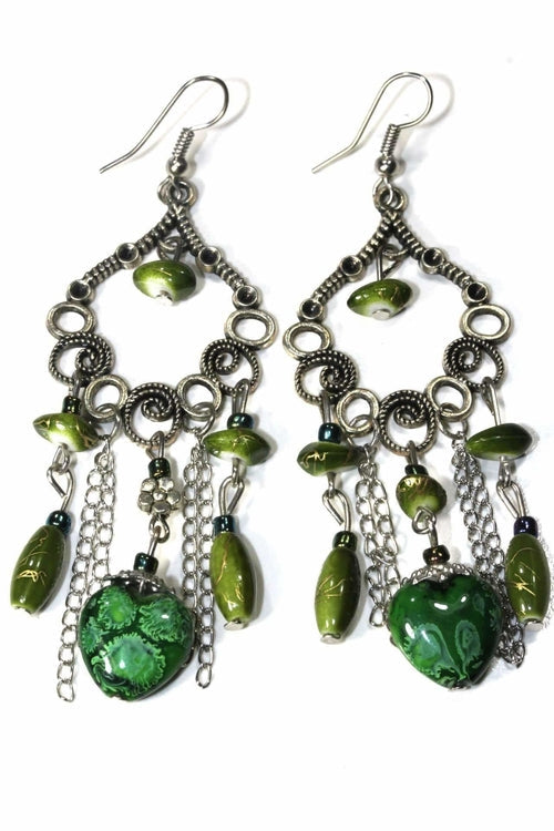 Marbled Bead Dangle Earrings Scroll Work Boho Floral