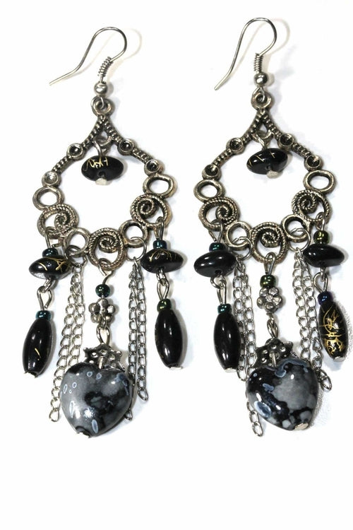 Marbled Bead Dangle Earrings Scroll Work Boho Floral