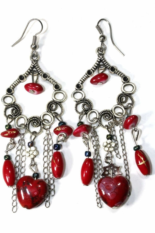 Marbled Bead Dangle Earrings Scroll Work Boho Floral