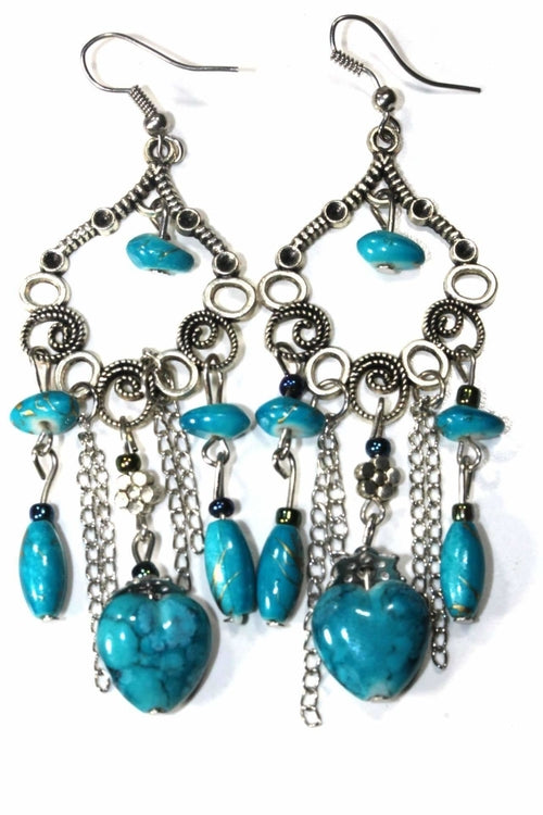 Marbled Bead Dangle Earrings Scroll Work Boho Floral