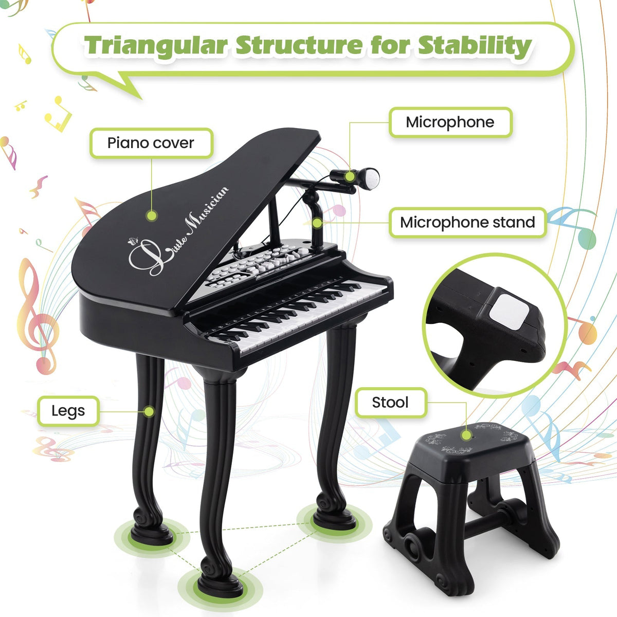37 Keys Kids Piano Keyboard with Stool and Piano Lid