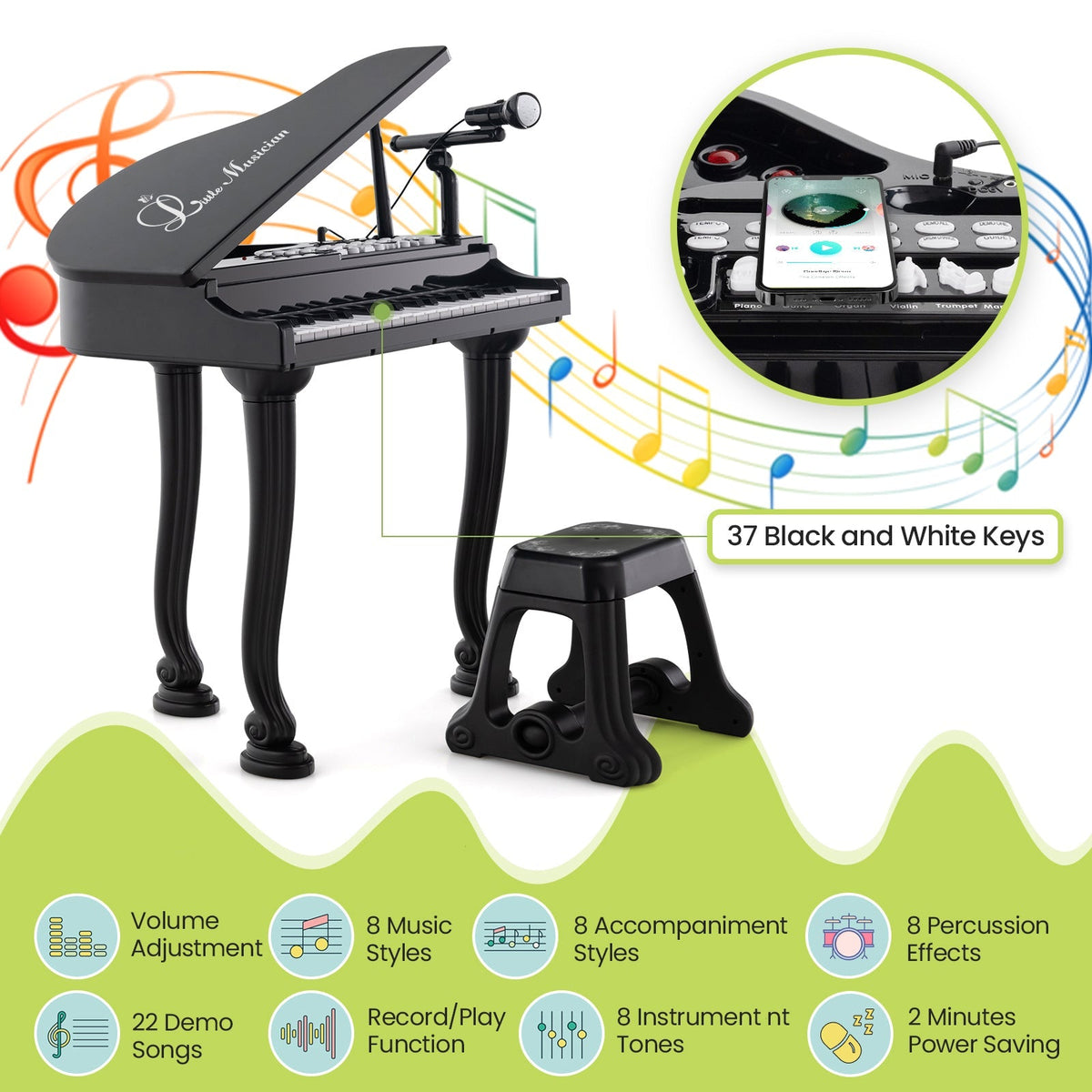 37 Keys Kids Piano Keyboard with Stool and Piano Lid